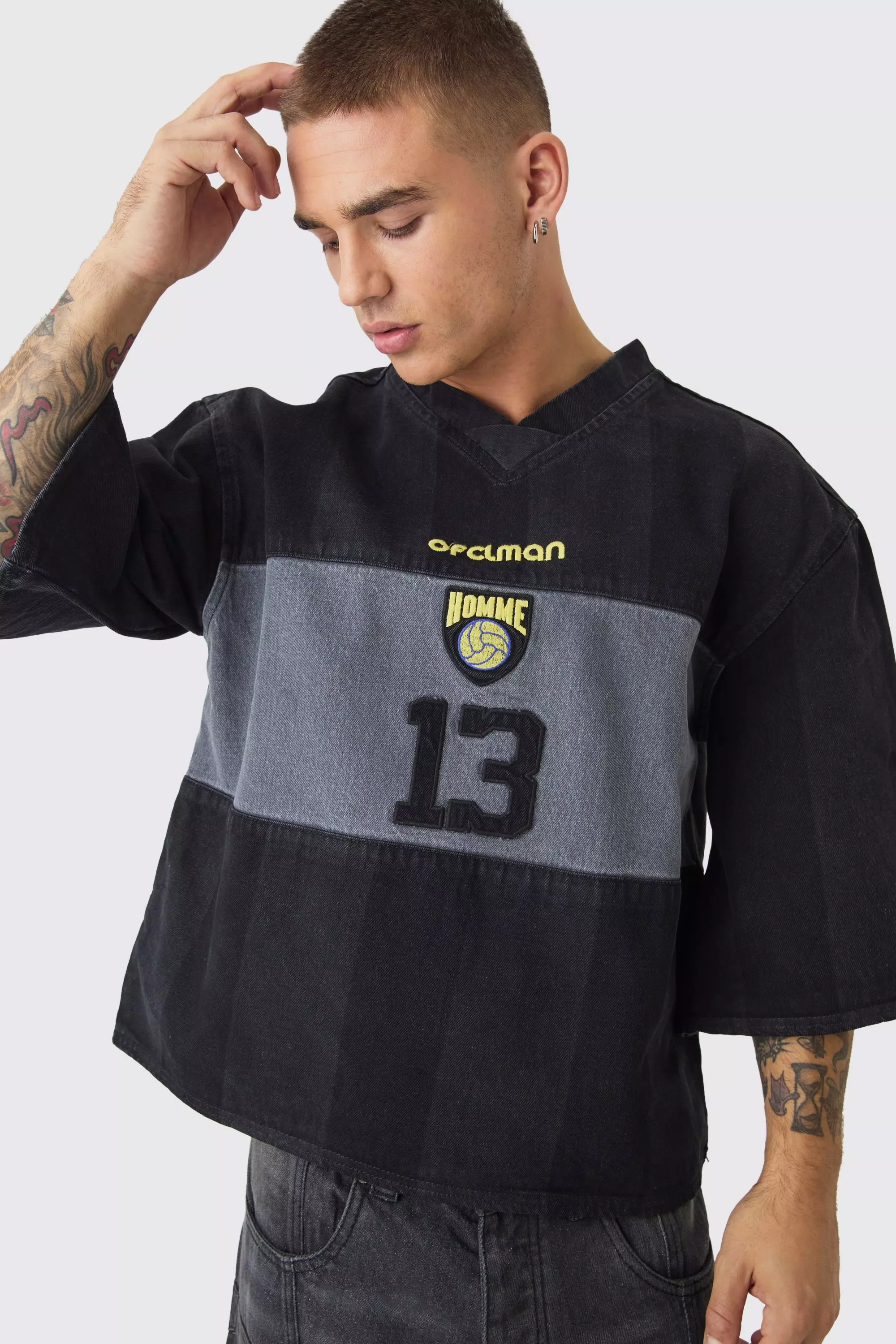Oversized Embroidery Football Denim T-Shirt | boohooMAN USA